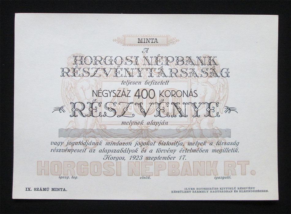 Horgosi Népbank Részvénytársaság részvény 400 korona 1923 /SRB/